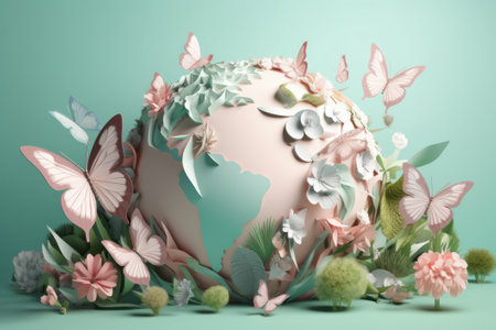 White ball decorated with paper flowers and butterfliesの素材