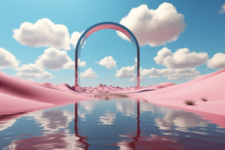 Pink arch in desert with clouds reflected in water 3d renderの素材
