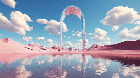 Pink arch in the desert with clouds reflected in the water. 3d renderの素材