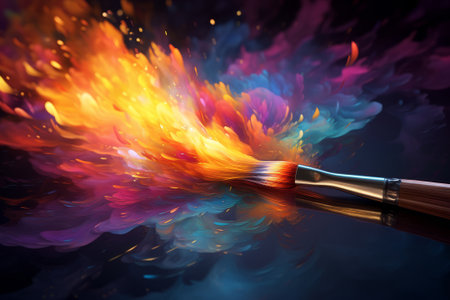 Paintbrush and colorful paint splash on black background. Art concept.の素材
