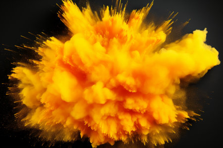 Explosion of yellow and orange powder on black background. 3d renderingの素材
