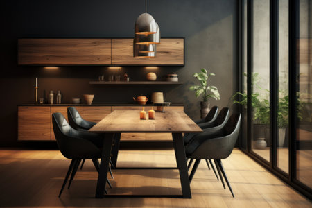 Interior of modern dining room with dark wooden walls, concrete floor, wooden cupboards and black chairs. 3d renderingの素材