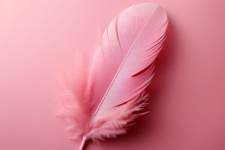 Pink feather on pink background. Flat lay, top view, copy space.の素材