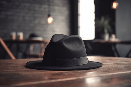 Black hat on wooden table in cafe. Stylish accessory for menの素材