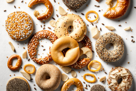Different tasty bagels on light background, top view. Delicious snackの素材