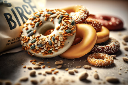 Donuts with sesame seeds and sunflower seeds on baking paperの素材