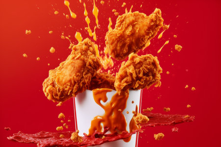 Fried chicken wings splashing out of a glass on a red backgroundの素材