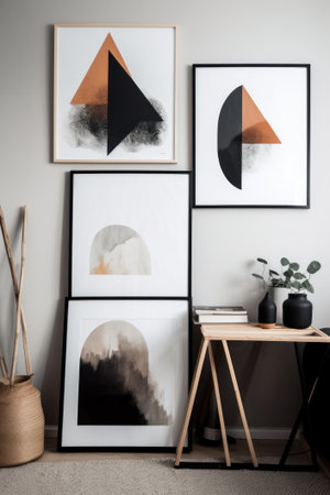 Modern Scandinavian living room interior with mock-up poster frames, books, plants and accessories. Stylish home decor.の素材