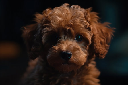 Portrait of a cute little brown dog on a dark background.の素材
