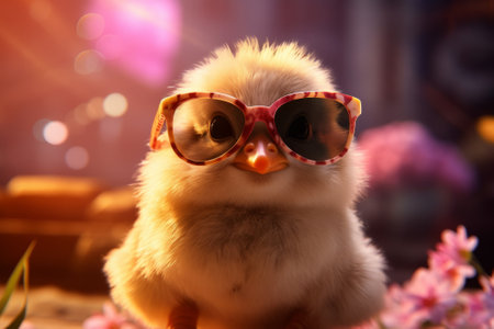 Cute little chick wearing sunglasses with bokeh on background.の素材