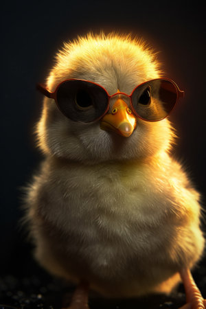 Cute little chicken in sunglasses on dark background. Fashionable chick.の素材