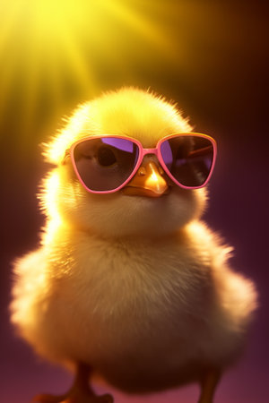 Cute little chicken in sunglasses on dark background. Easter concept.の素材