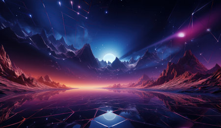 Futuristic landscape with mountains and planet. 3d rendering.の素材