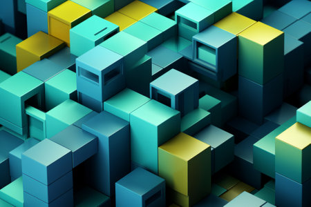 3d rendering of abstract background with cubes in green and blue colorsの素材