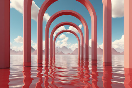 arches in the sea. 3d render illustration with clouds and skyの素材