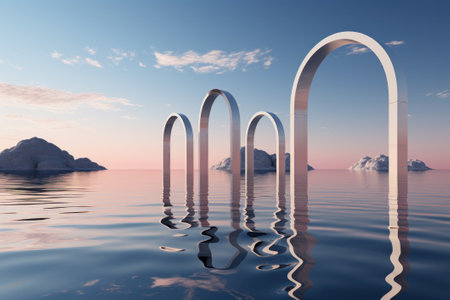 3d illustration of an arch in the sea with mountains in the backgroundの素材