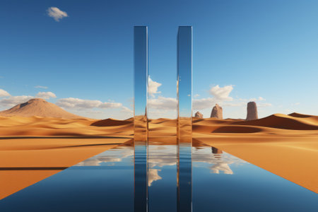 3d illustration of desert with glass panels and reflection in the waterの素材