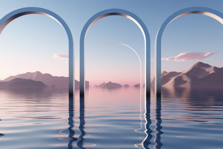 Arches in the water with mountains in the background, 3d renderの素材