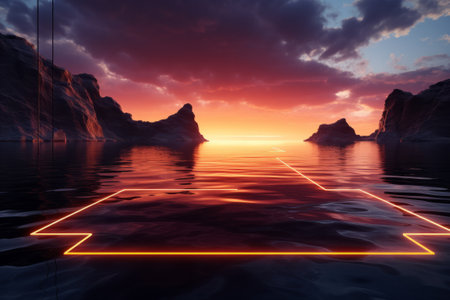 Futuristic scene with neon lights in the sea, 3d renderの素材