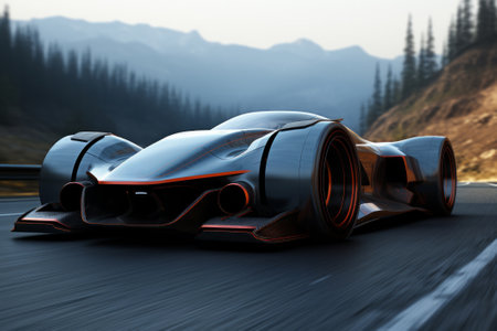 3D rendering of a concept sports car on the road in the mountainsの素材