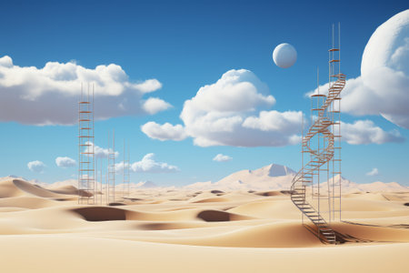 Conceptual 3D illustration of a ladder going up in the desertの素材