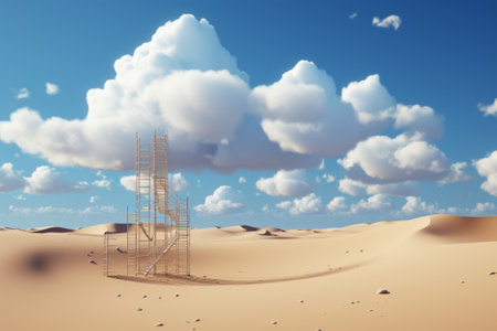 3d rendering of a ladder in the desert with clouds and blue skyの素材
