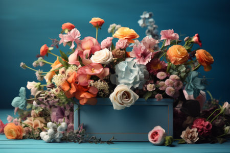 Bouquet of colorful flowers on a blue wooden background. Toned.の素材