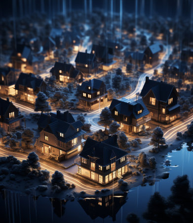 Night view of a small town with houses and roads. 3D renderingの素材