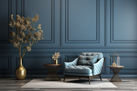 Classic blue living room interior with armchair and coffee table. Floor parquet. Digital Illustration. 3d renderingの素材