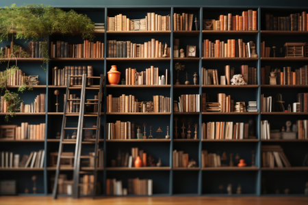 Bookshelf with different books and vase on wooden floor in roomの素材