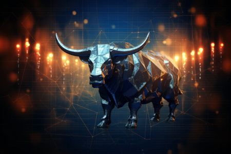 Digital illustration of bull in abstract background. 3D rendering with DOFの素材