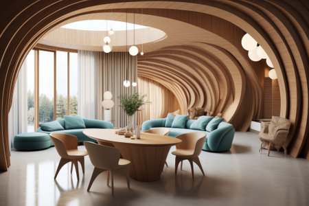 Interior of modern cafe with wooden walls, concrete floor, blue armchairs and round tables with beige sofas. 3d renderingの素材