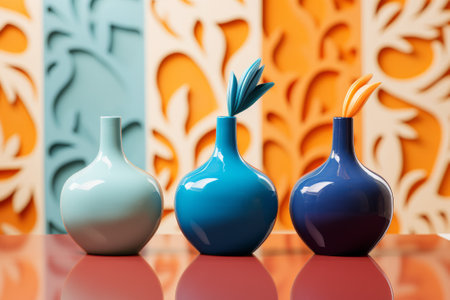 Three blue vases on orange and blue background. 3d renderingの素材