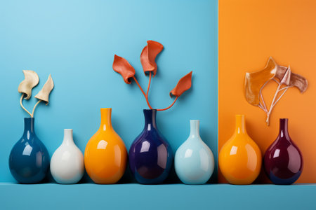 Colorful ceramic vases on blue and orange background. Minimal style.の素材