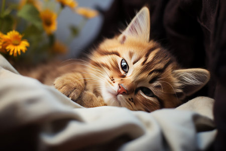Cute ginger bengal kitten sleeping on a pillow at home with flowersの素材