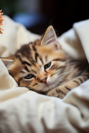 Cute ginger bengal kitten sleeping on a pillow at homeの素材