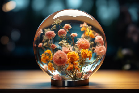 Glass ball with dried flowers on wooden table in front of blurred backgroundの素材