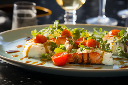 Salmon salad with mozzarella and cherry tomatoes on a plateの素材