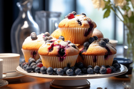 Homemade blueberry muffins with fresh berries on a wooden tableの素材