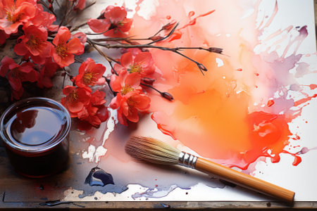 Paintbrush and red blossom flowers on a wooden table.の素材