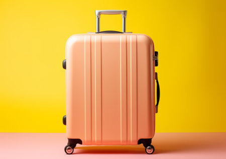 Orange travel suitcase on pink and yellow background. 3D rendering.の素材