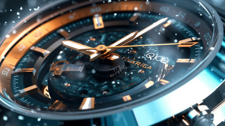 3D rendering of a luxury watch with a clock face in the backgroundの素材