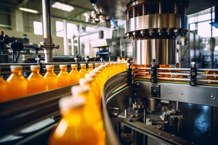 Bottling line of orange juice in bottles on a conveyor belt. Industrial backgroundの素材