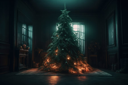 Christmas tree in dark room with fireplace and Christmas decorations. 3d renderingの素材