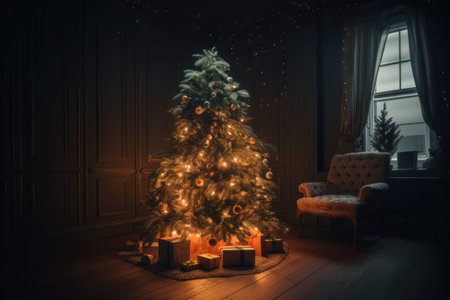 Christmas tree with candles in the dark living room, 3d renderの素材