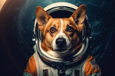 Portrait of a dog corgi in an astronaut helmet on the background of the outer space.の素材