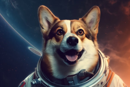 Cute welsh corgi dog in astronaut suit on space background.の素材