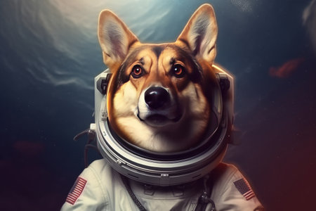 Portrait of a beautiful corgi dog in an astronaut helmet.の素材