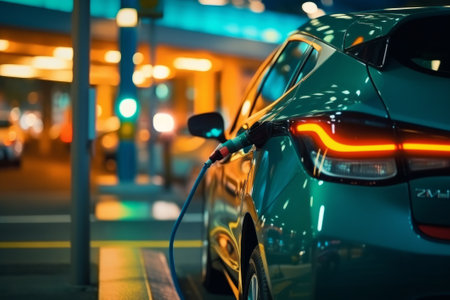 Charging an electric car in the city at night. Selective focus.の素材