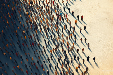 Aerial view of a crowd of people walking on the beach.の素材